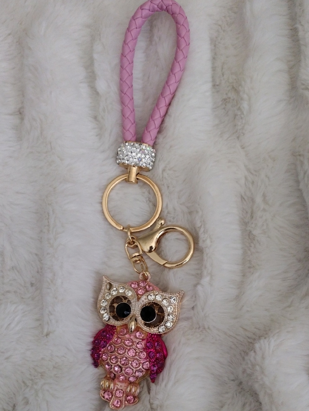 Pink Braided Loop Owl Bag Charm Keychain with Rhinestones